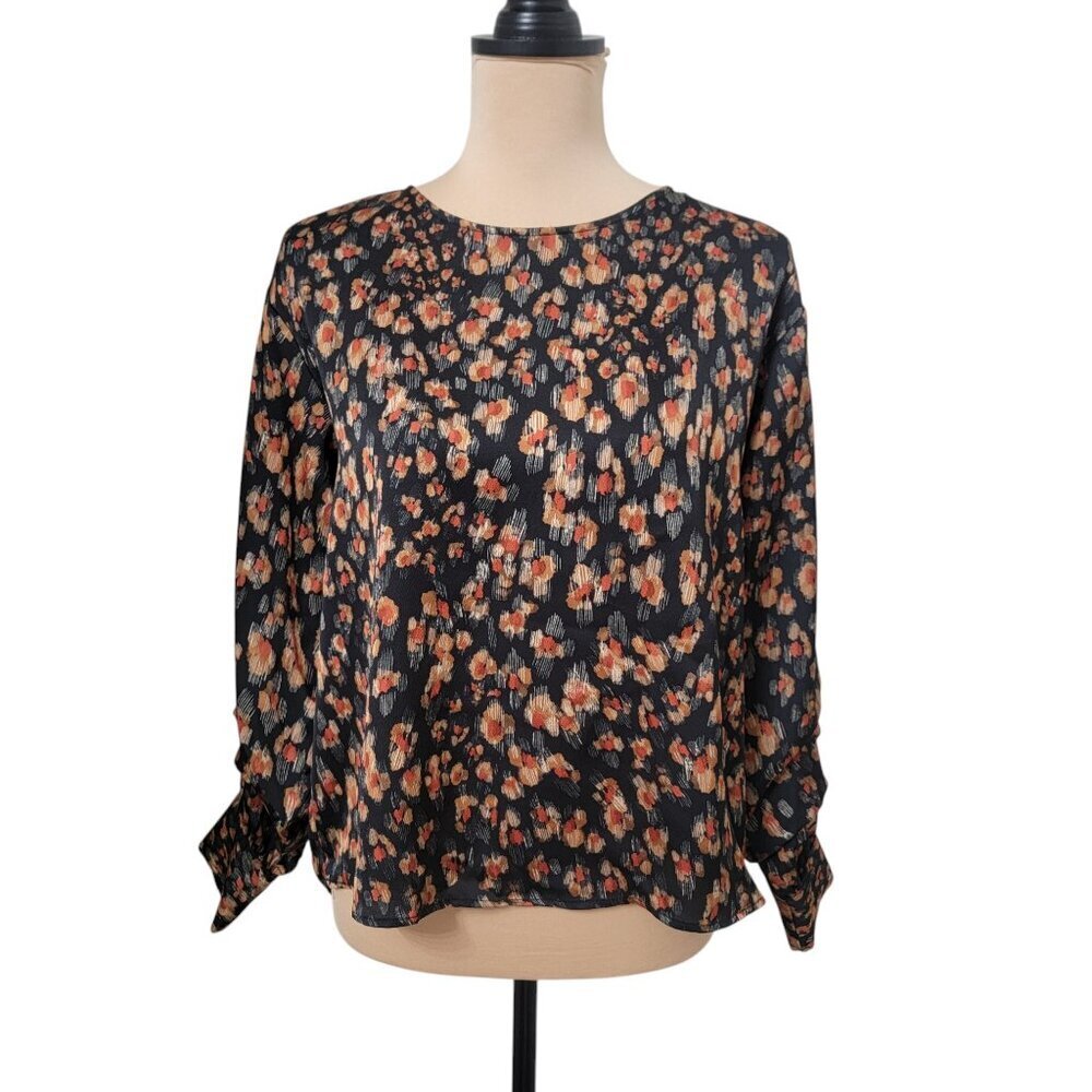 Zara Size XS Black w/ Burnt Orange, Tan and Cream Abstract Floral Blouse
